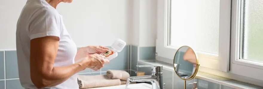 Une femme rince une prothèse oculaire au-dessus d'un lavabo dans une salle de bains lumineuse.