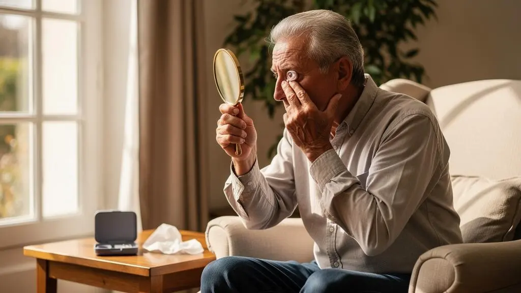 Un homme âgé vérifie sa prothèse oculaire à l'aide d'un petit miroir dans son salon.